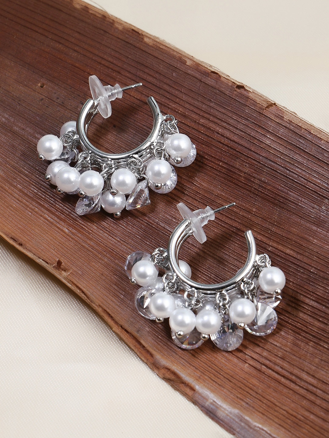 

Adwitiya Collection Silver-Plated Beaded Classic Half Hoop Earrings