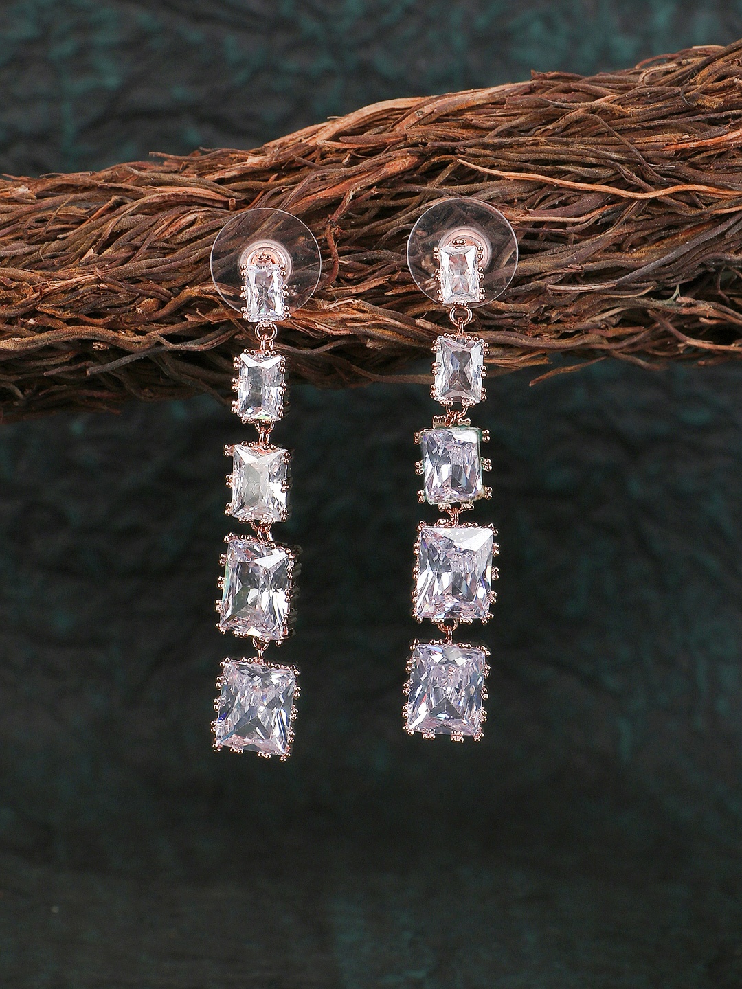 

Adwitiya Collection Rose Gold-Plated Studded Classic Drop Earrings