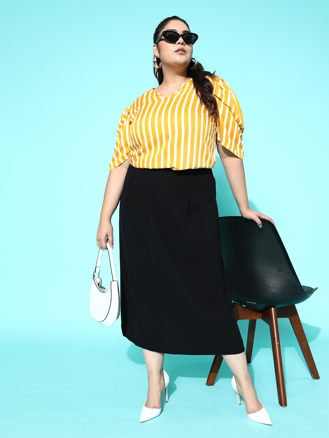 

Berrylush Curve Women Plus Size Vertical Striped Puff Sleeve Top, Yellow