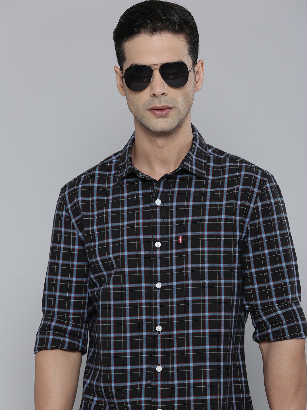 

Levis Pure Cotton Slim Fit Checked Casual Shirt, Black