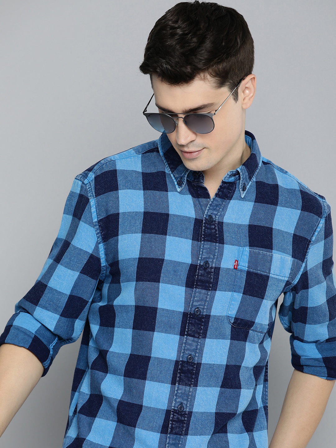 

Levis Pure Cotton Button-Down Collar Buffalo Checked Slim Fit Casual Shirt, Blue