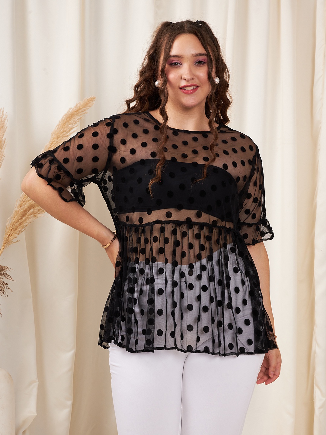 

Berrylush Curve Polka Dot Sheer Peplum Top, Black