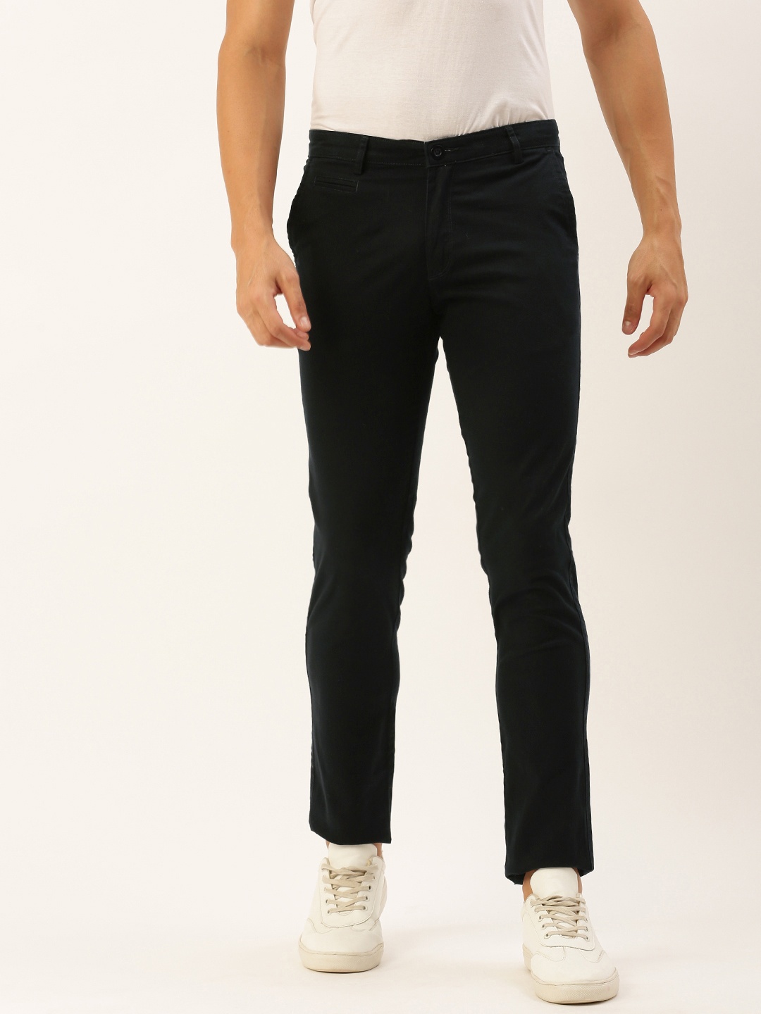 

IVOC Men Solid Slim Fit Mid-Rise Cotton Lycra Chinos Trousers, Navy blue