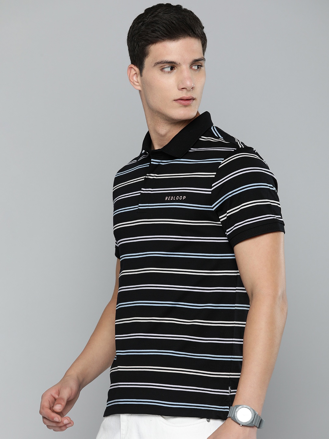 

Levis Pure Cotton Striped Polo Collar T-shirt, Black