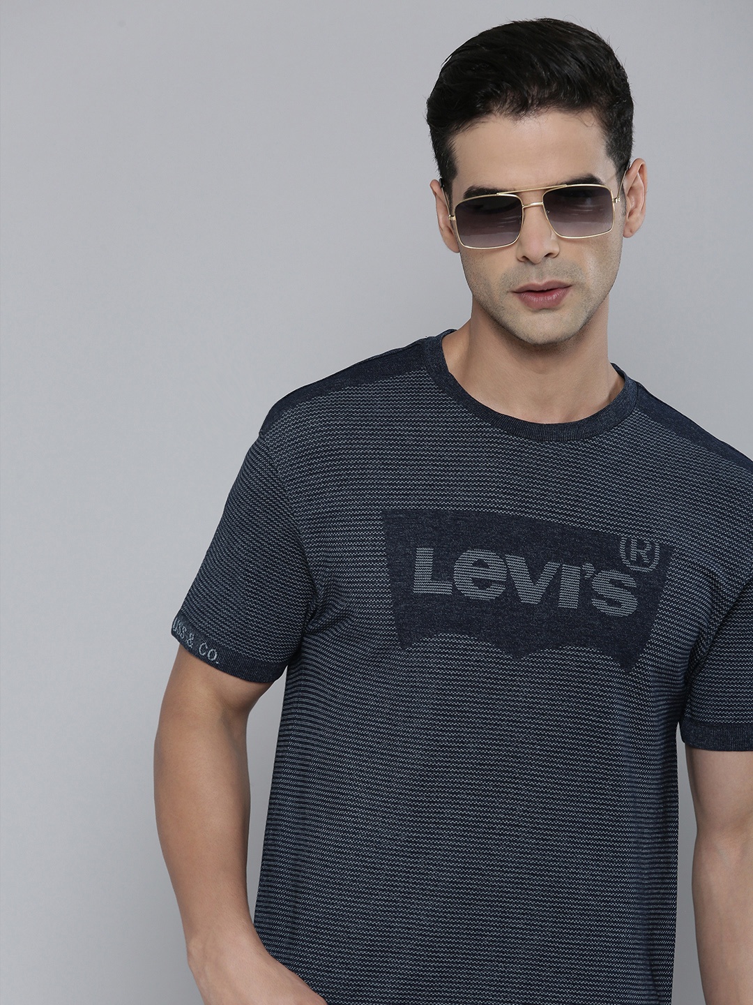 

Levis Brand Logo Self Design Drop-Shoulder Sleeves T-shirt, Navy blue