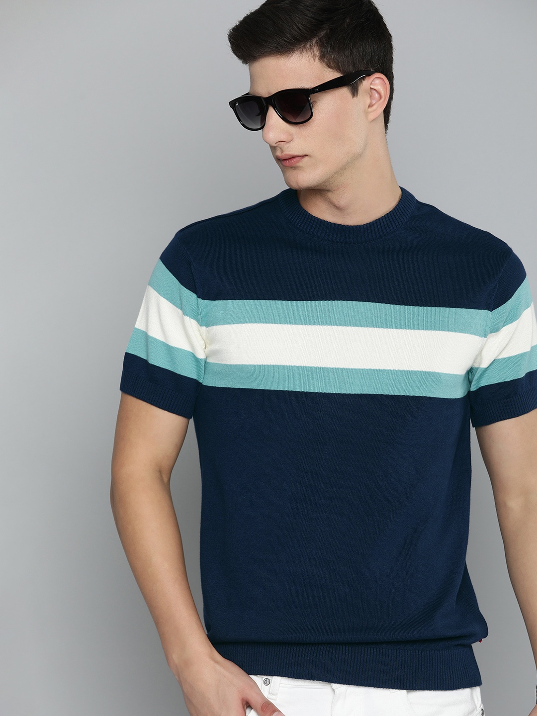 

Levis Round Neck Striped Pure Cotton Ribbed T-shirt, Navy blue