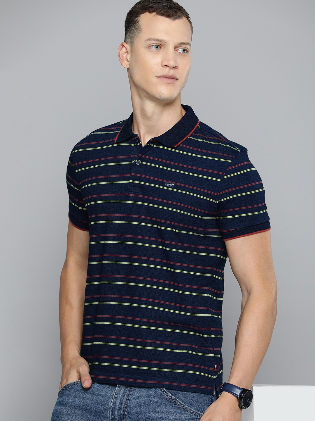 

Levis Striped Polo Collar Pure Cotton Casual T-shirt, Navy blue