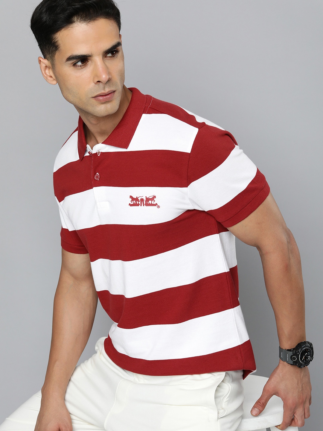 

Levis Striped Polo Collar Pure Cotton T-shirt, Red