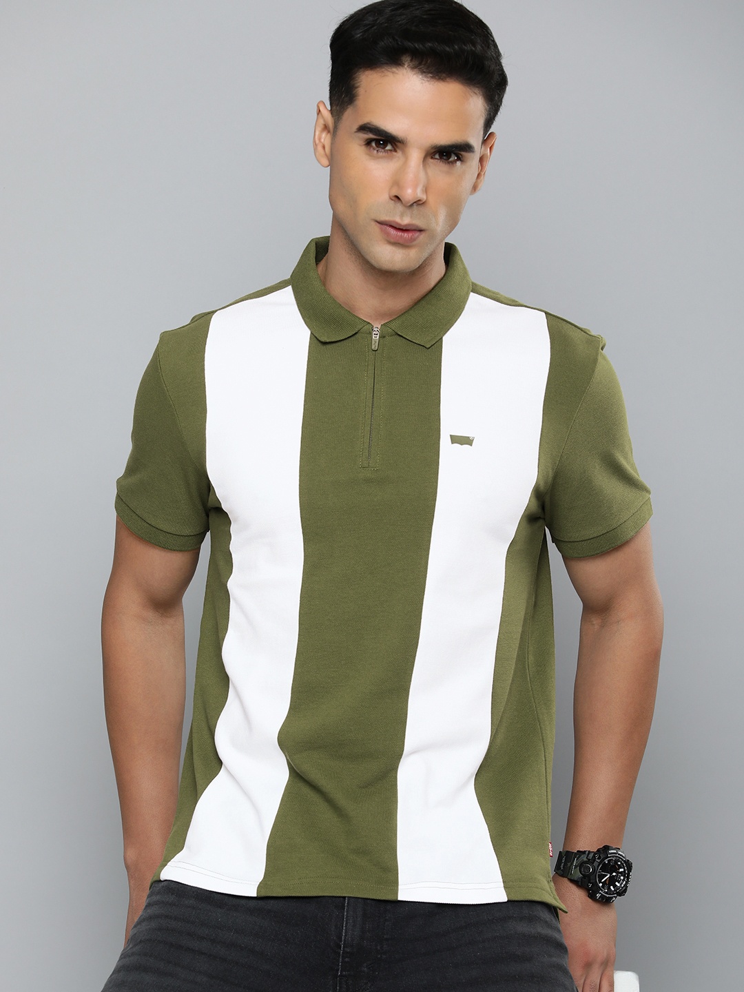 

Levis Striped Pure Cotton Polo T-shirt, Olive