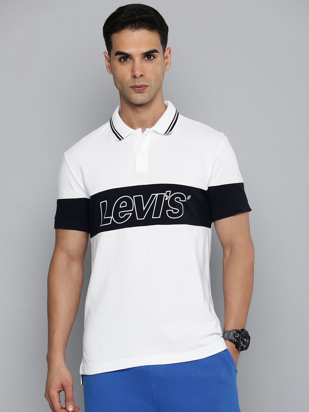 

Levis Brand Logo Printed & Colourblocked Polo Collar Pure Cotton T-shirt, White