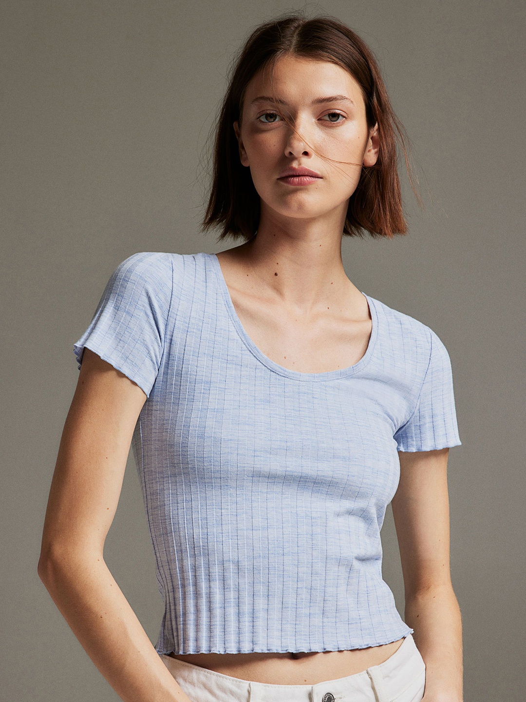 

H&M Ribbed Deep-Neck T-shirt, Blue