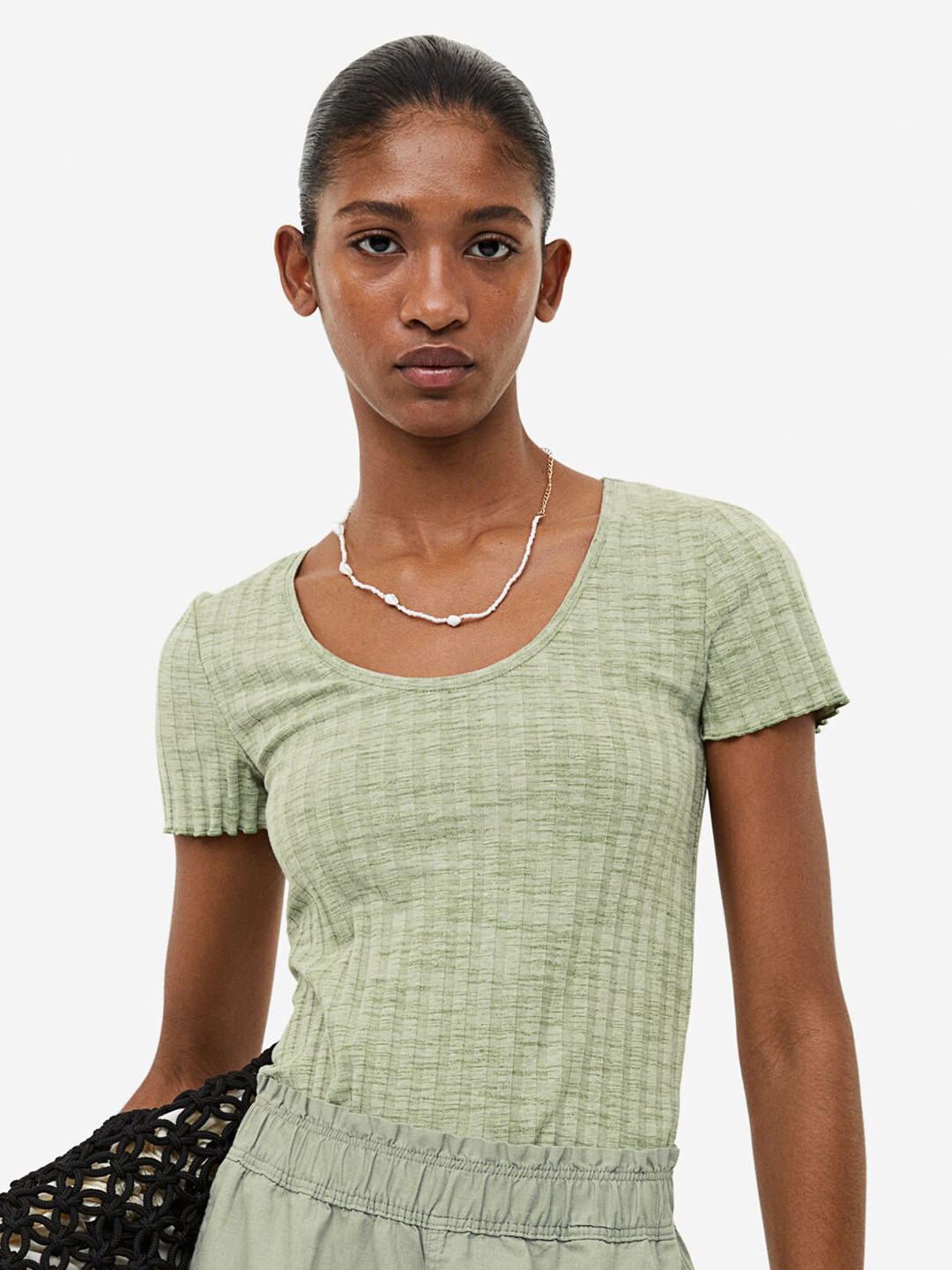 

H&M Ribbed Deep-Neck T-shirt, Green
