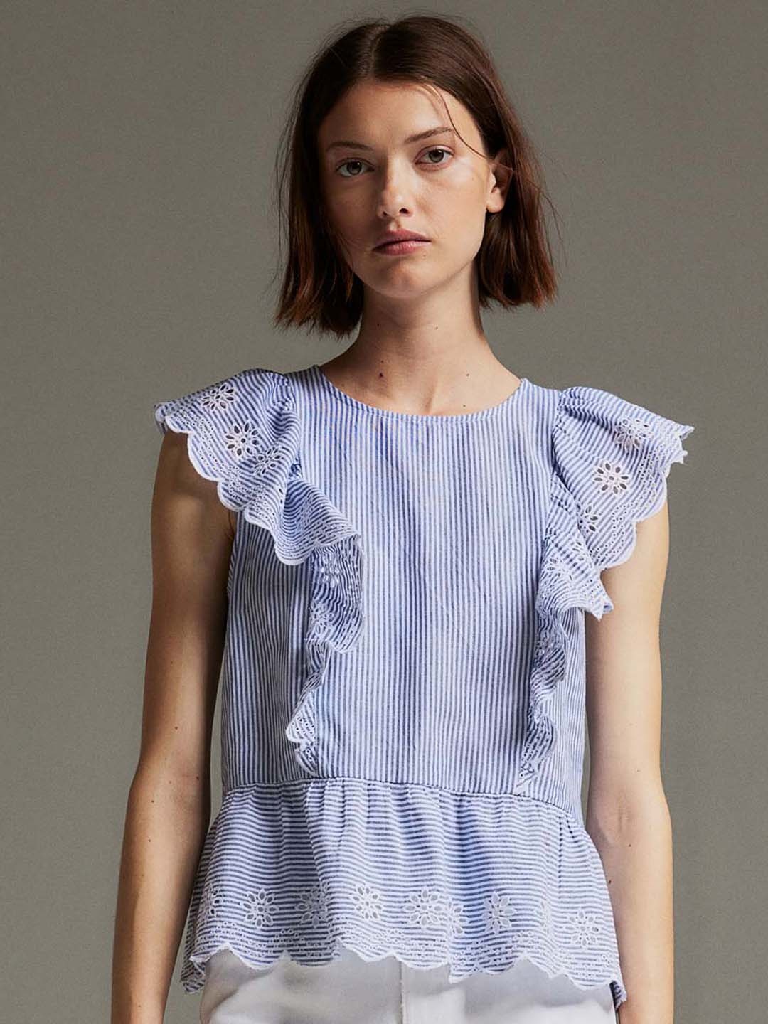 

H&M Frill-Trimmed Cotton Blouse, Blue