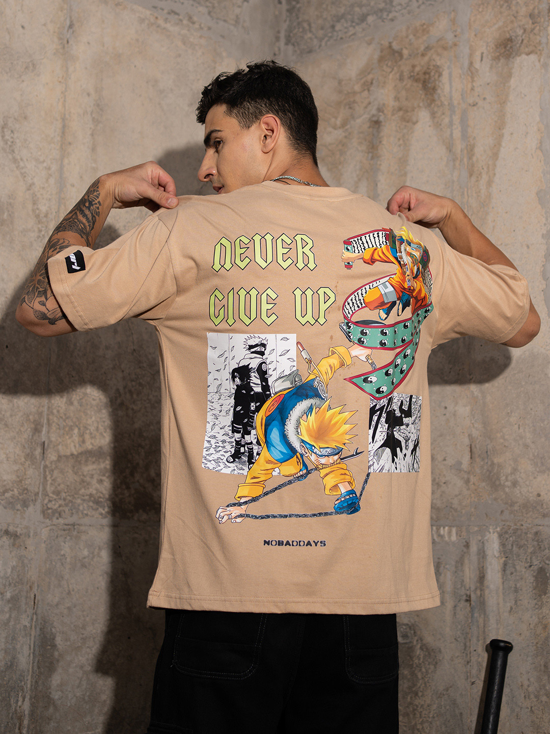 

UNRL Graphic Printed Drop-Shoulder Sleeves Pure Cotton Boxy T-shirt, Khaki