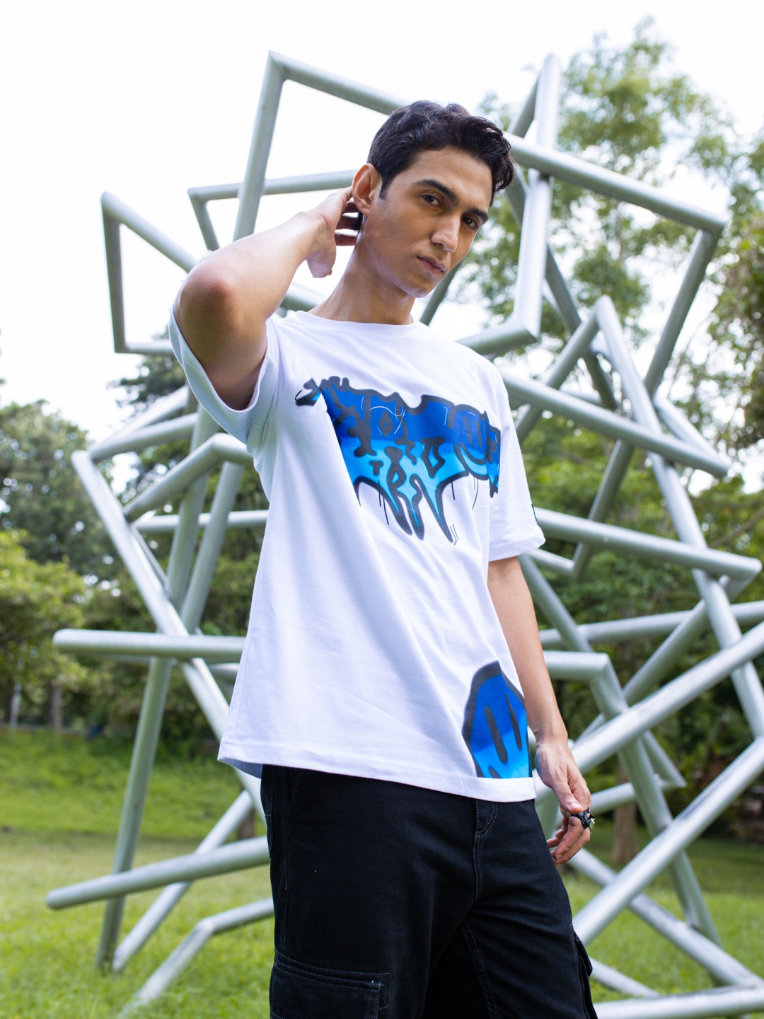 

UNRL Printed Drop-Shoulder Pure Cotton Boxy Fit T-shirt, White