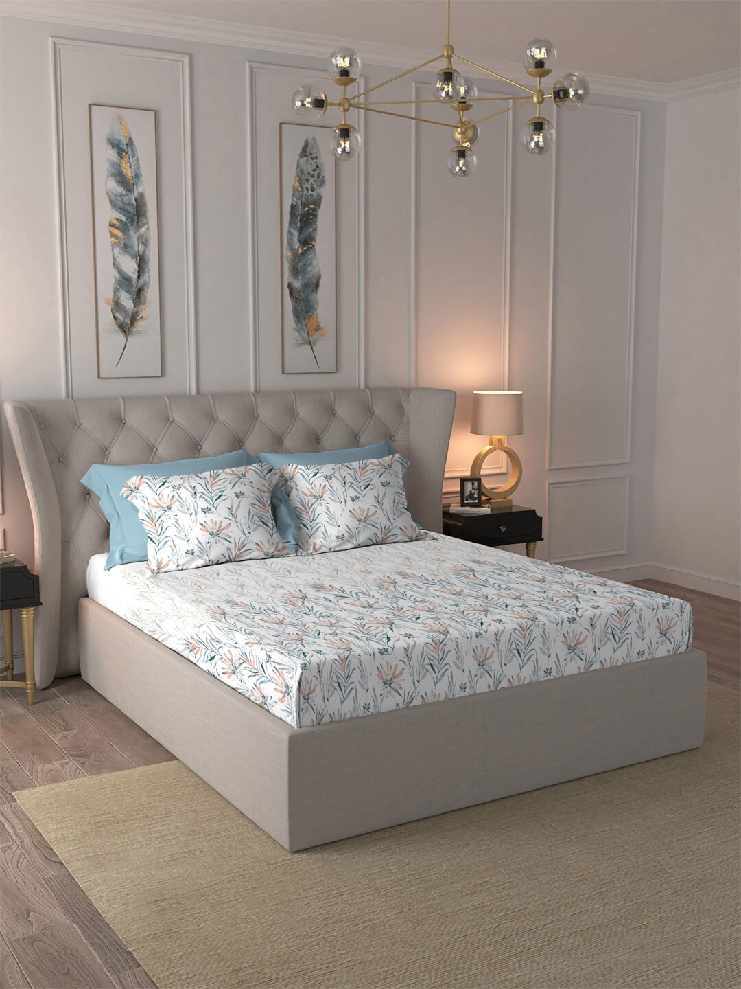 

MYTRIDENT Indulgence White Blue Floral Cotton 300 TC King Bedsheet With 4 Pillow Covers