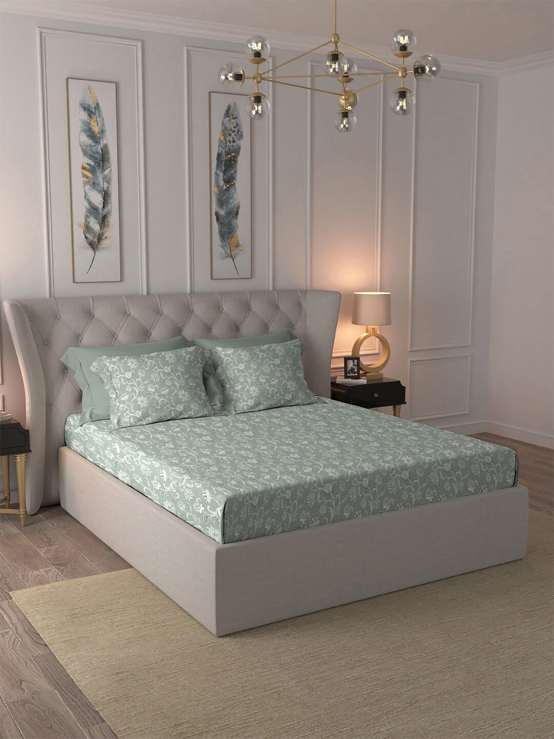 

MYTRIDENT Indulgence Green White Floral Cotton 300 TC King Bedsheet With 4 Pillow Covers