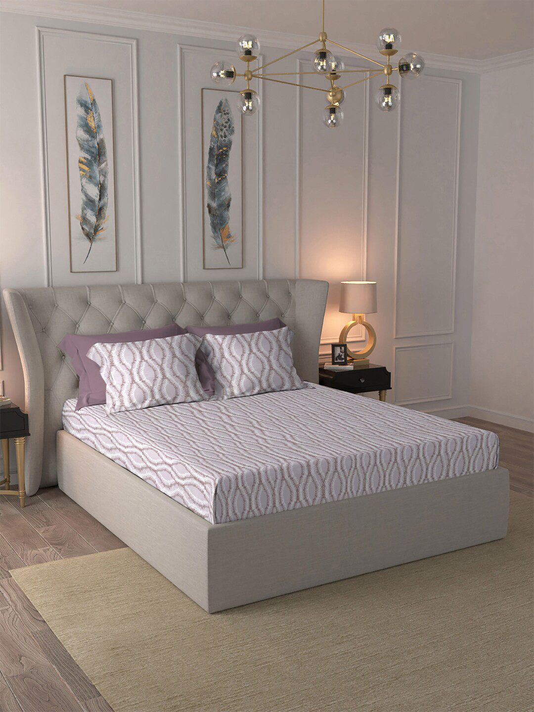 

MYTRIDENT Indulgence Purple White Floral Cotton 300 TC King Bedsheet with 4 Pillow Covers