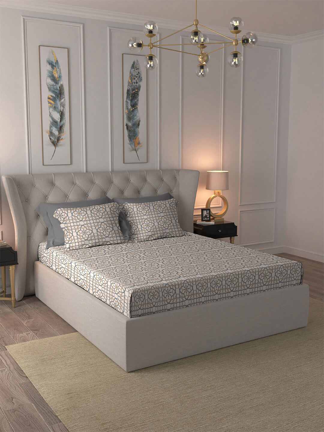 

MYTRIDENT Indulgence Brown Grey Geometric 300 TC Cotton King Bedsheet With 4 Pillow Covers