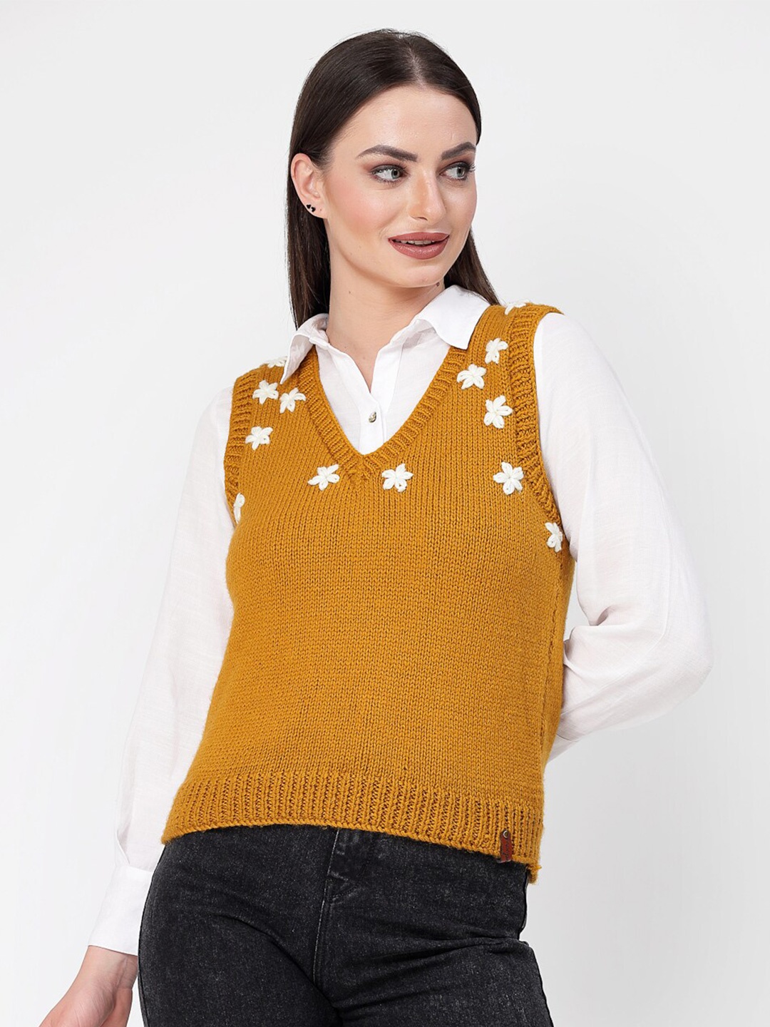 

Velvery Floral Embroidered V-Neck Sweater Vest, Mustard