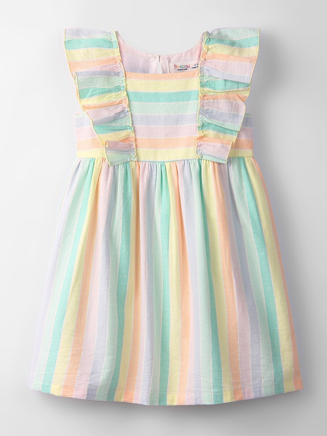 

Beebay Girls Candy Striped Square Neck Flutter Sleeves Fit & Flare Dress, White