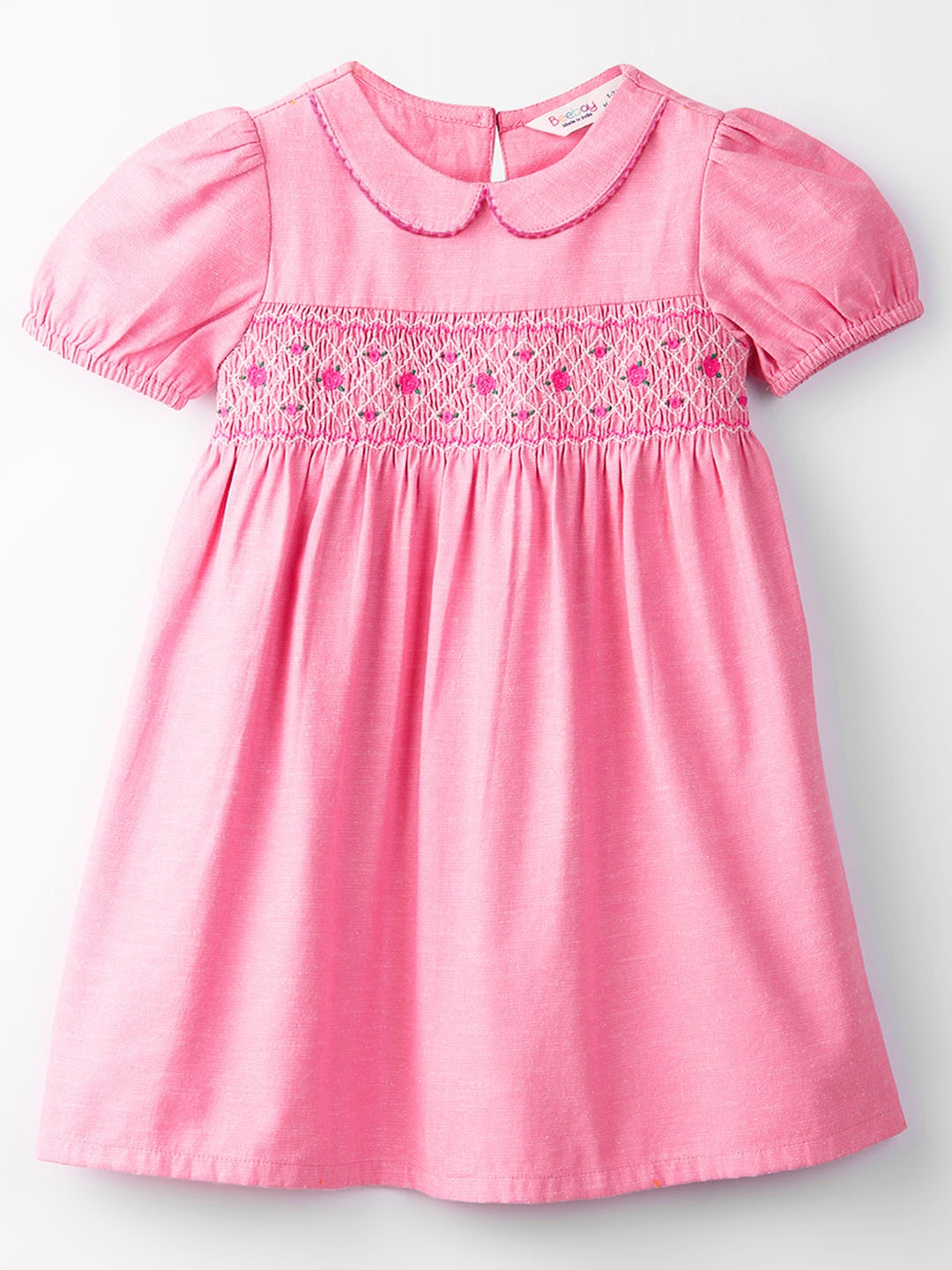 

Beebay Girls Smocked Detailed Peter Pan Collar Puff Sleeve A-Line Dress, Pink
