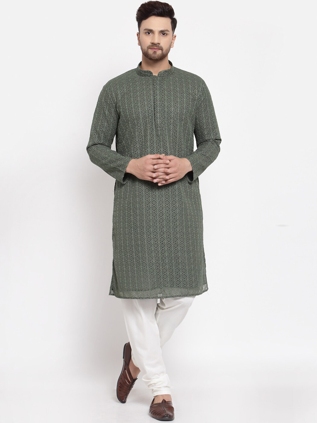 

MOHANLAL SONS Ethnic Motifs Embroidered Thread Work Kurta With Pyjamas, Green