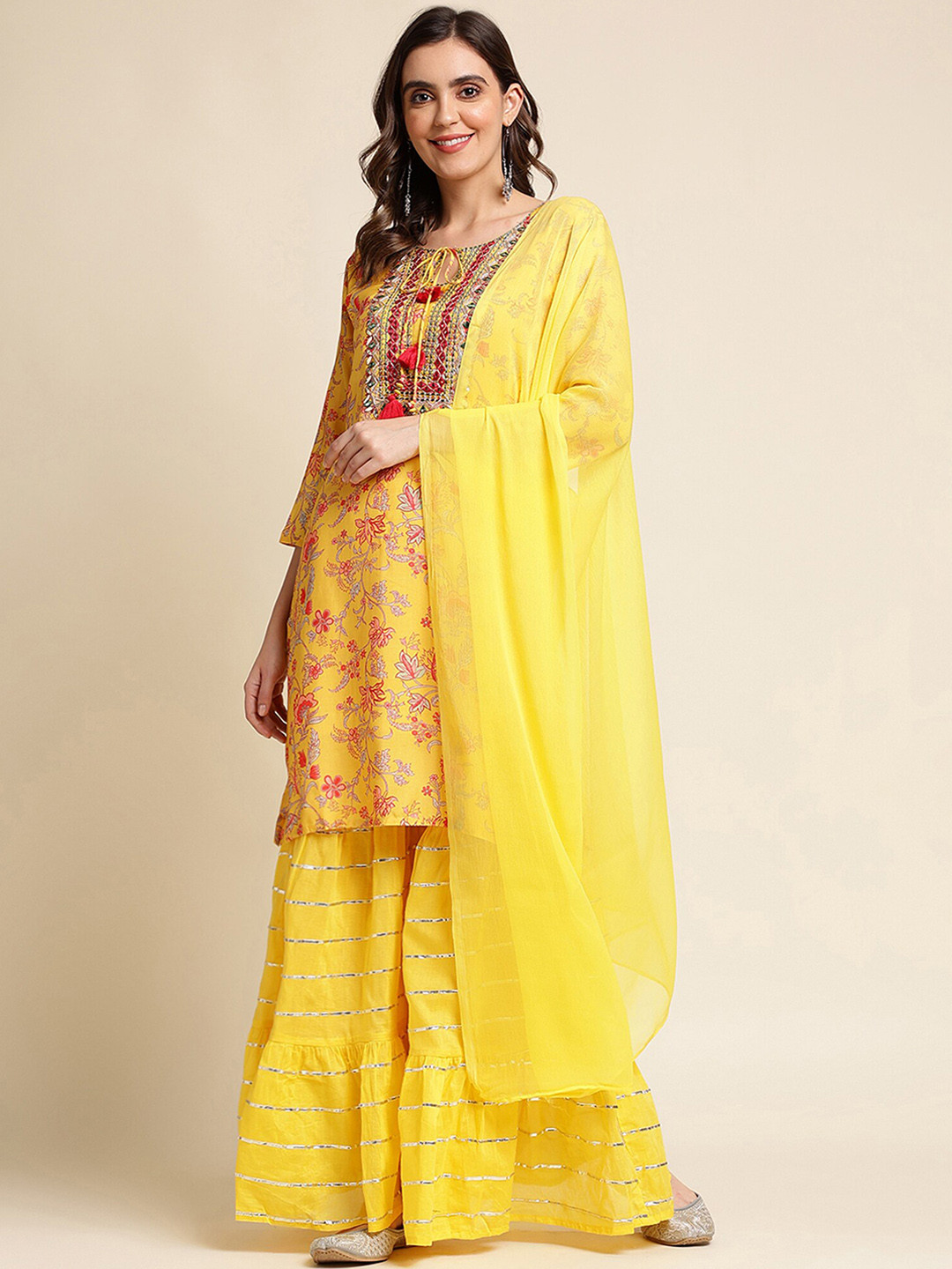 

Sangria Yellow Floral-Printed Thread Work Kurta With Sharara & Dupatta