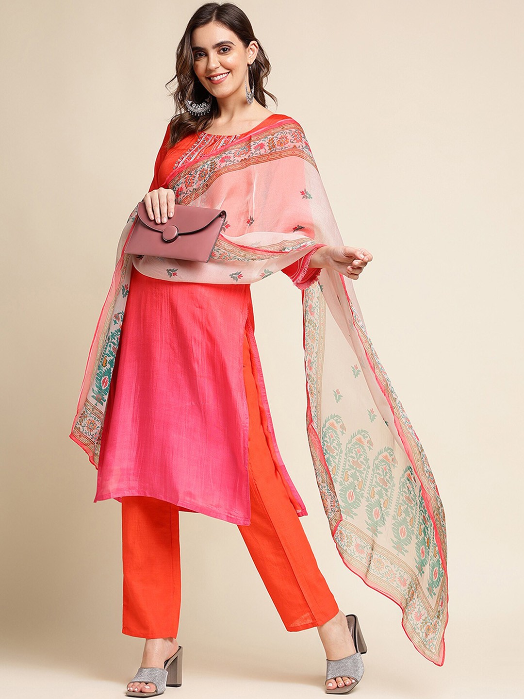 

Sangria Orange & Red Thread Work Kurta & Trouser With Dupatta