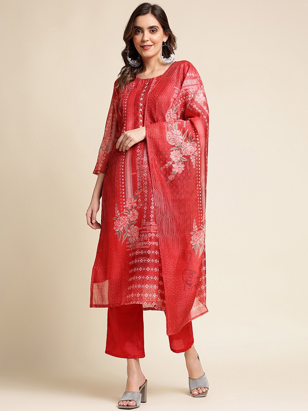 

Sangria Floral Printed Thread Work Chanderi A-Line Kurta With Trouser & Dupatta, Red