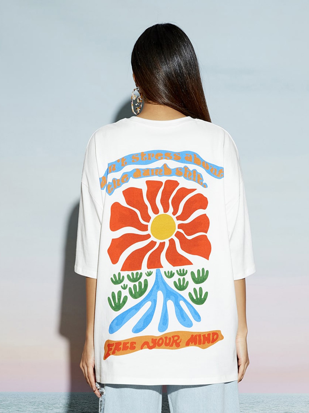 

THE CLOTHING FACTORY Graphic Printed Pure Cotton Oversized Fit T-shirt, White