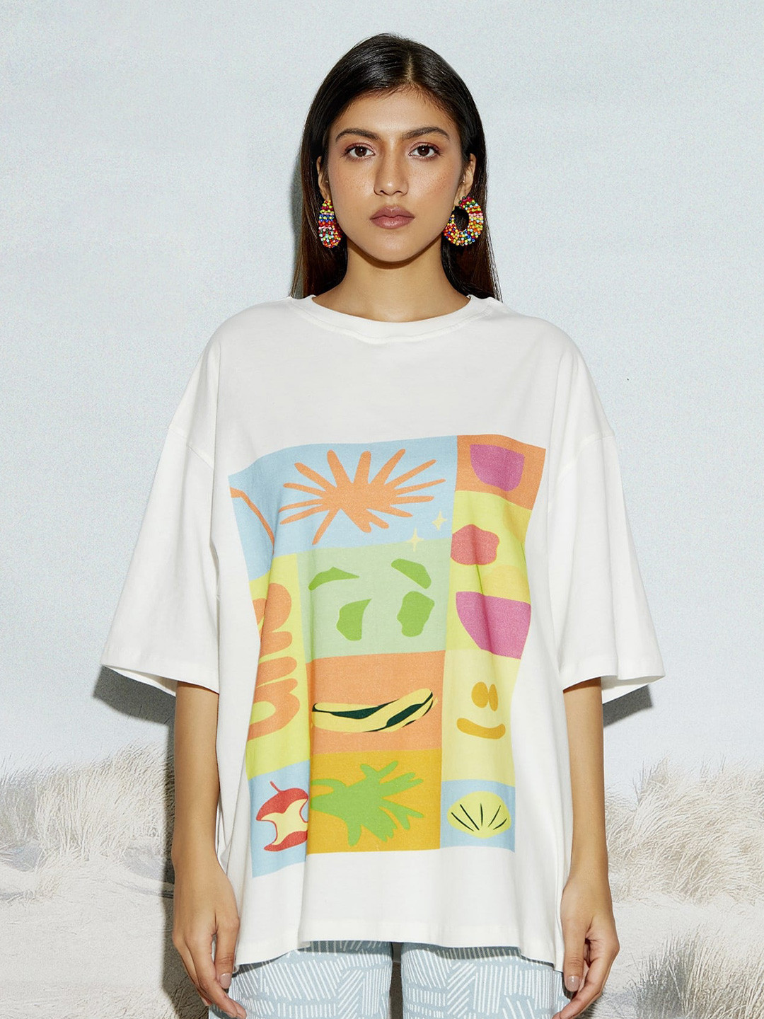 

THE CLOTHING FACTORY Unisex Graphic Printed Drop Sleeves Oversized Pure Cotton T-Shirt, White