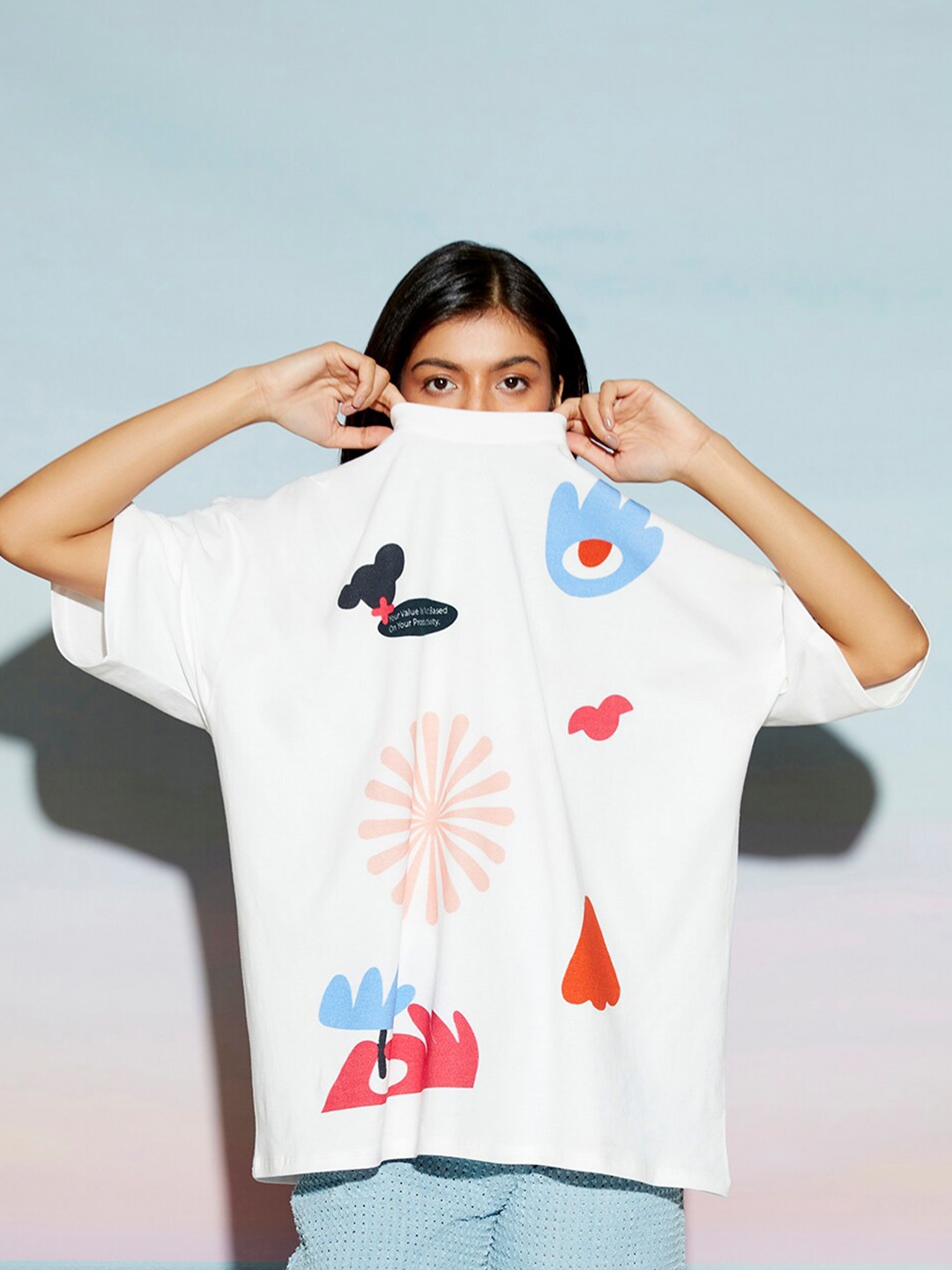 

THE CLOTHING FACTORY Unisex Floral Printed Oversized T-shirt, White