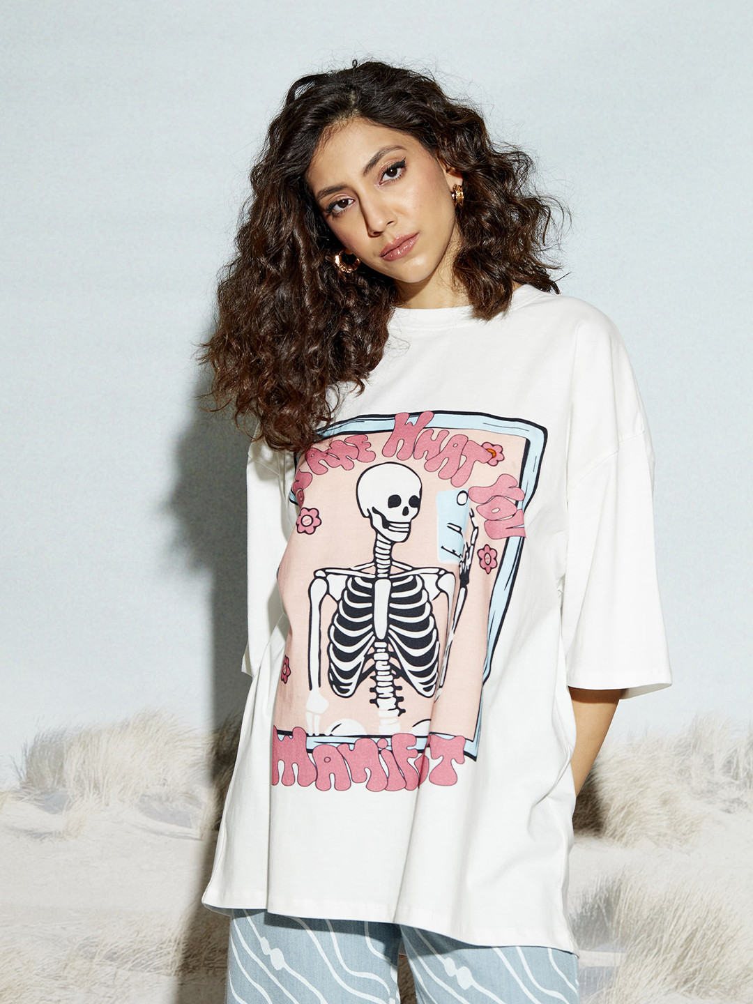 

THE CLOTHING FACTORY Unisex Graphic Printed Drop Shoulder Sleeves Cotton Oversized T-shirt, White