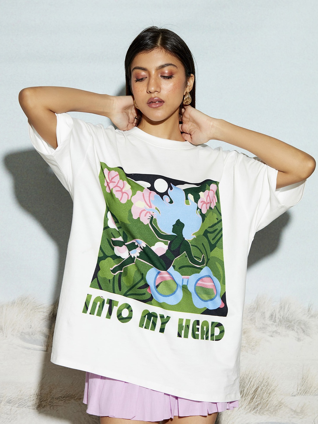

THE CLOTHING FACTORY Typography Printed Oversized Pure Cotton T-shirt, White