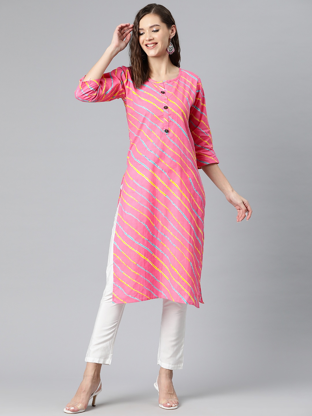 

Kastiel Leheriya Printed Straight Kurta, Pink