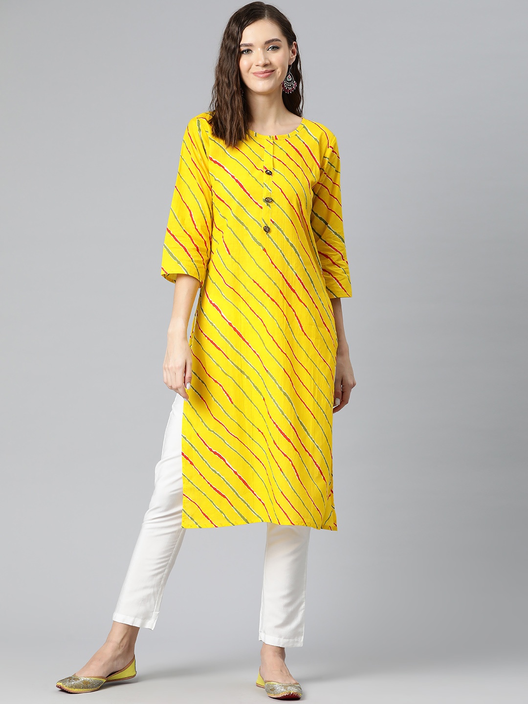 

Kastiel Leheriya Printed Straight Kurta, Yellow