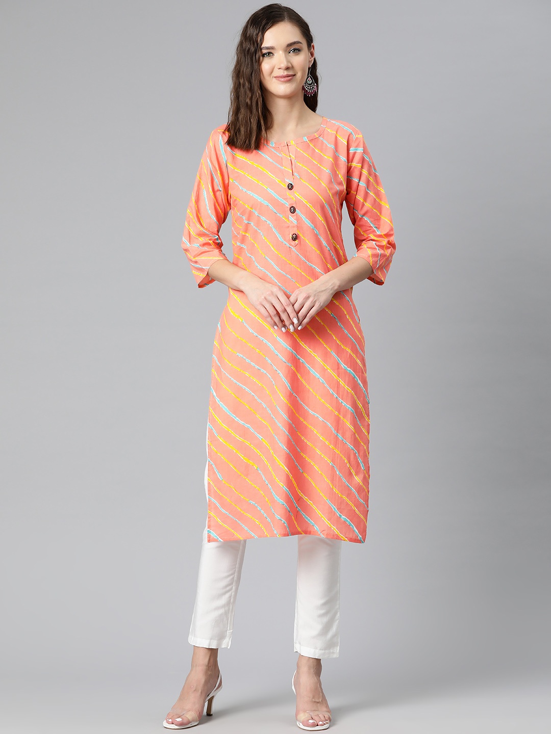 

Kastiel Leheriya Printed Straight Kurta, Peach