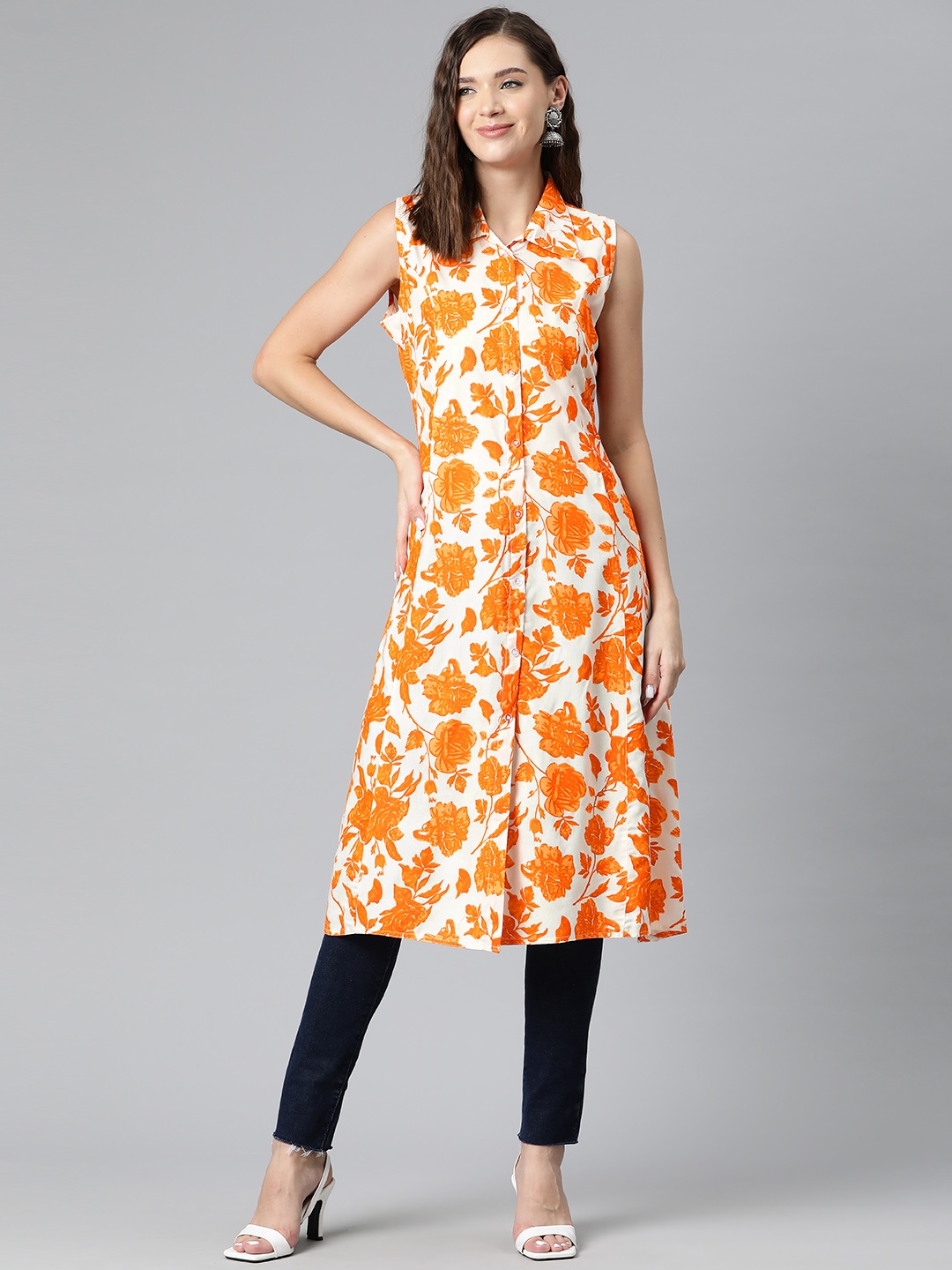 

Kastiel Floral Printed A-Line Kurta with Belted Detail, White