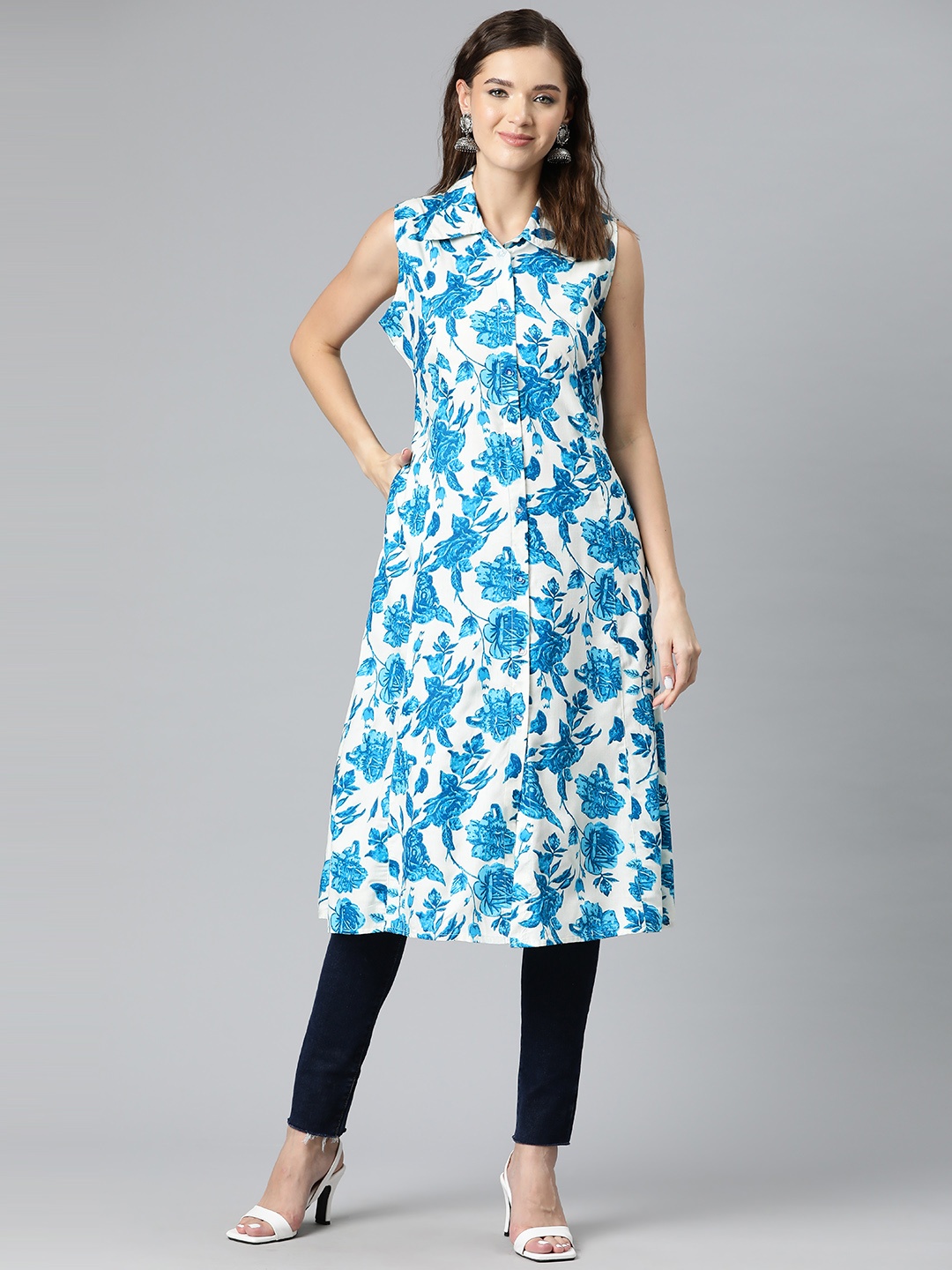 

Kastiel Floral Printed A-Line Kurta with Belted Detail, White