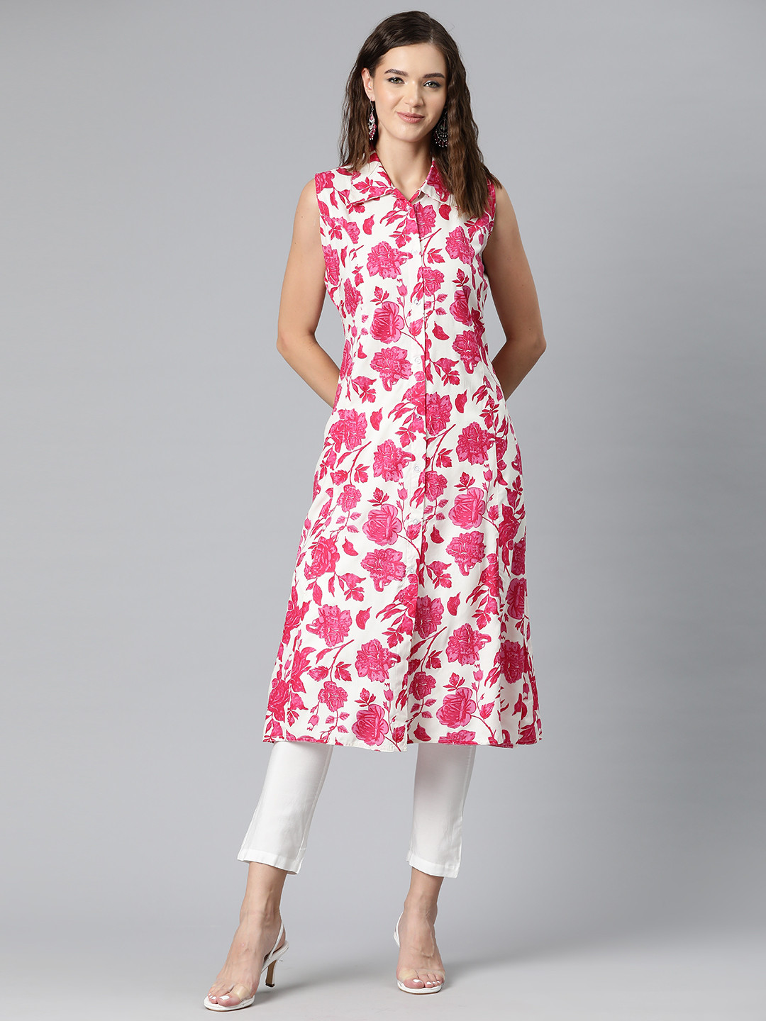 

Kastiel Floral Printed A-Line Kurta with Belted Detail, White
