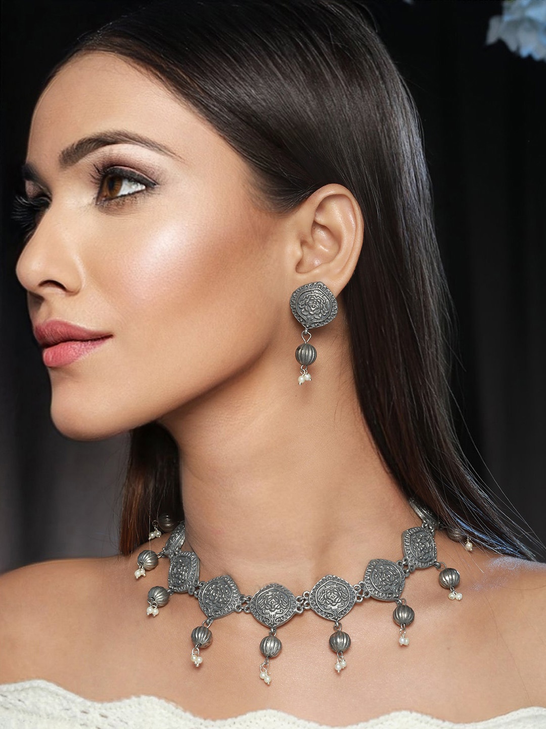 

Priyaasi Silver-Plated Stone-Studded & Pearl Beaded Oxidised Jewellery Set