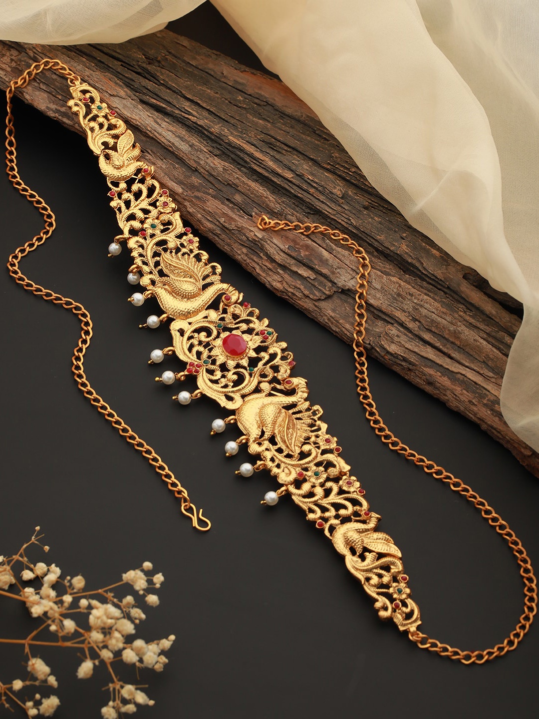 

Priyaasi Gold-Plated Stone-Studded Pearl Beaded Waist Chain