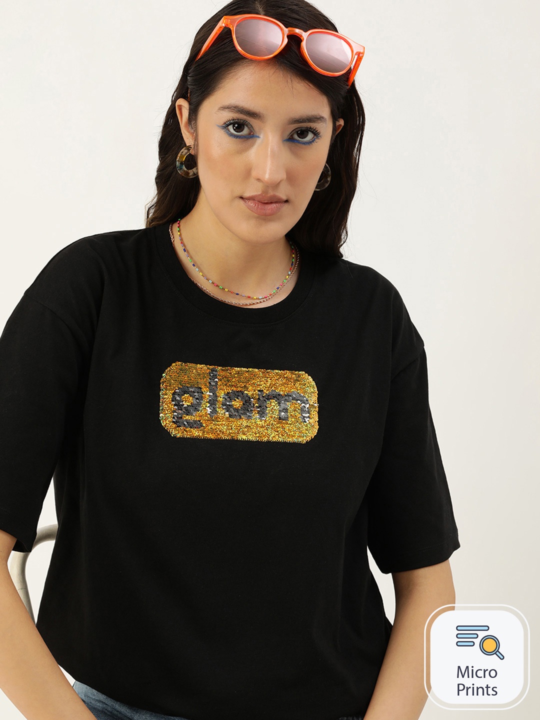 

Kook N Keech Embellished Drop-Shoulder Sleeves Loose Pure Cotton T-shirt, Black