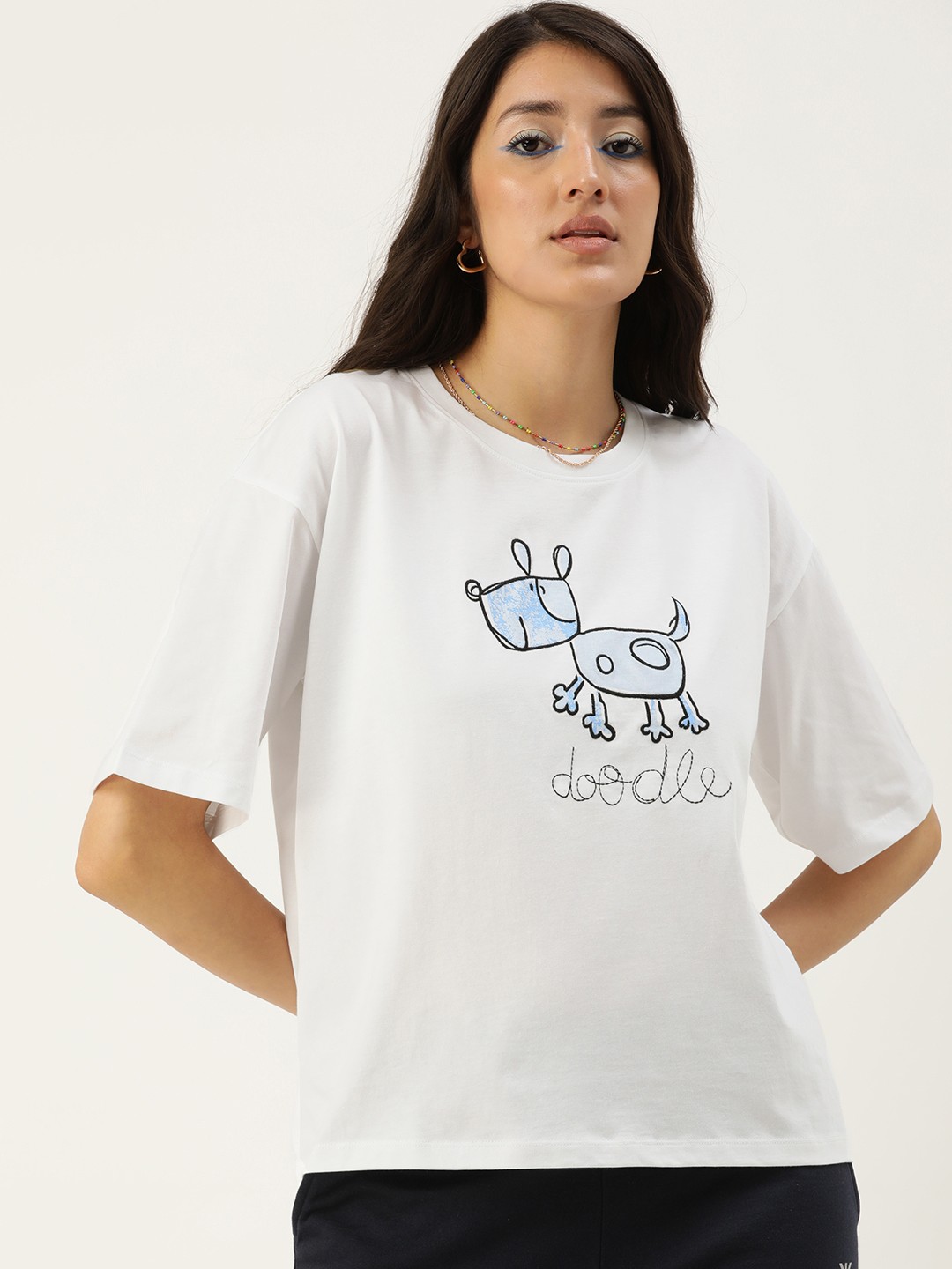 

Kook N Keech Graphic Printed Embroidered Drop-Shoulder Sleeves Loose Pure Cotton T-shirt, White