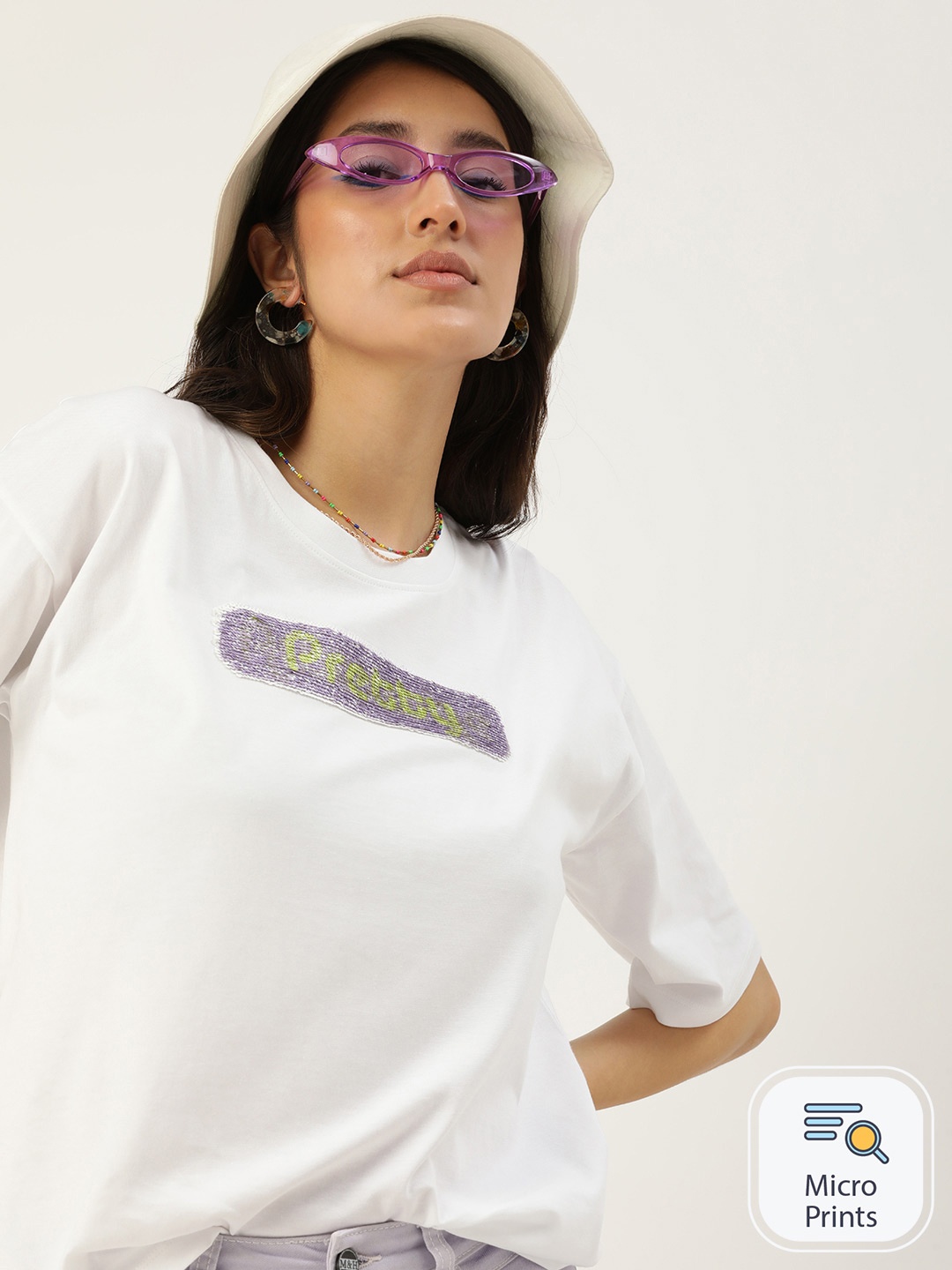 

Kook N Keech Embellished Drop-Shoulder Sleeves Loose Pure Cotton T-shirt, White