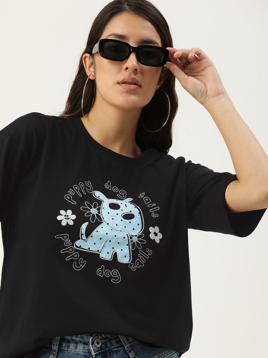 

Kook N Keech Graphic Printed Embroidered Drop-Shoulder Sleeves Loose Pure Cotton T-shirt, Black