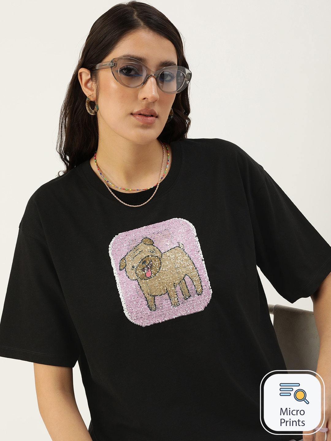 

Kook N Keech Embellished Drop-Shoulder Sleeves Loose Pure Cotton T-shirt, Black