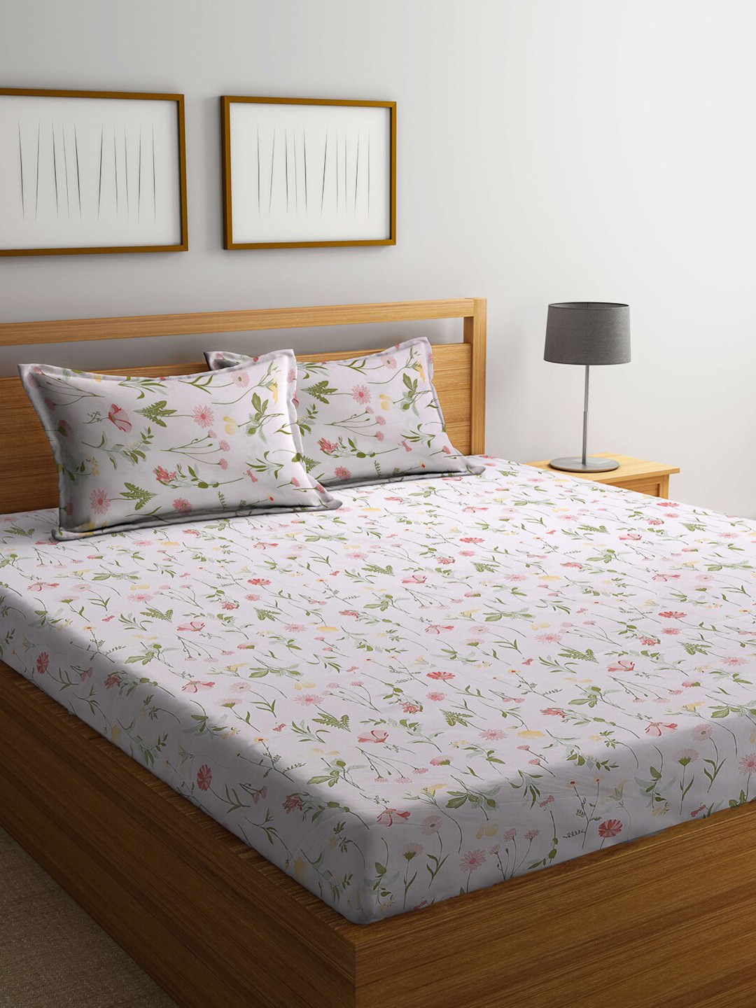 

FABINALIV Off White & Pink Floral 300 TC Cotton King Bedsheet with 2 Pillow Covers