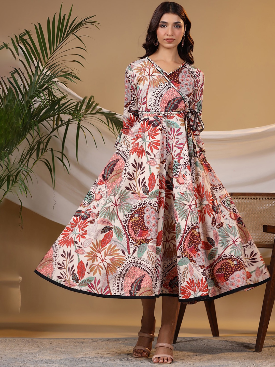 

Rain & Rainbow Tropical Printed Bell Sleeves Pure Cotton Wrap Midi Ethnic Dress, Red